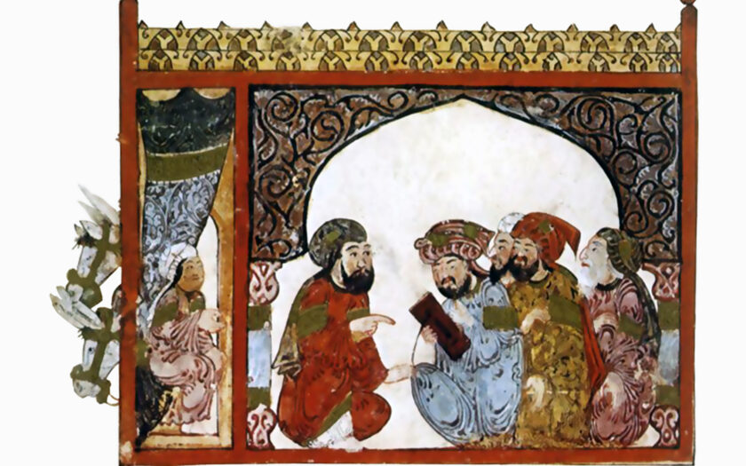 Abassidenherrscher bei der Begrüßung von Gästen (Maqamat von al-Hariri, Illustration von Yahyá al-Wasiti, Bagdad 1237). Quelle: Bibliothèque Nationale de France, MS Arabe 5847.