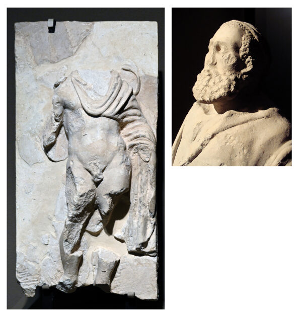 Hochrelief und Büste eines Philosophen, beide gefunden in Ai Khanoum. Bild links: Flickr/H Sinica