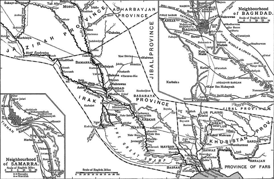 In seiner Blütezeit im 10. Jahrhundert hatte Bagdad 400.000 bis 500.000 Einwohner. Das Überleben der Stadt basierte auf einem ausgeklügelten Kanalsystem zur Bewässerung der Felder und zur Handhabung der wiederkehrenden Überschwemmungen von Euphrat und Tigris. Beispiel: der parallel zum Tigris verlaufende Nahrawan-Kanal, durch den das Wasser des Tigris umgeleitet werden konnte, um die Hauptstadt vor Überschwemmungen zu schützen.