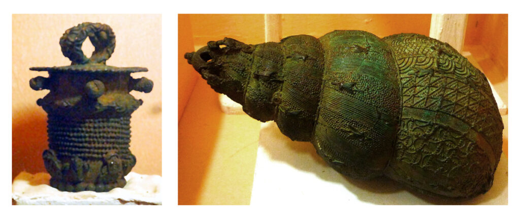 Gefäße für zeremonielle Zwecke aus dem 9. Jahrhundert. Hierbei handelt es sich um Bronzeskulpturen, die in Igbo-Ukwu, Nigeria, ausgegraben wurden. Bilder: Wikipedia/Ochiwar