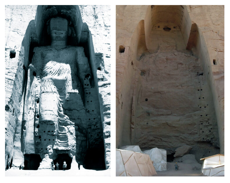 Eine der beiden riesigen Buddha-Statuen von Bamiyan vor und nach deren Zerstörung. Das linke Foto stammt aus dem Jahr 1963, das rechte aus dem Jahr 2008. Die Statue maß 53 Meter. Bild rechts: carlmontgomery.com