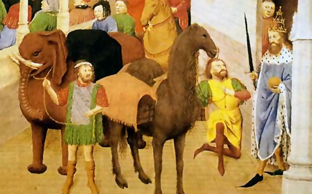 Karl der Große nimmt einen Elefanten, ein Kamel und andere Geschenke in Empfang, die ihm von Harun ar-Raschīd geschickt wurden (Miniatur, 14. Jahrhundert). Bild: Schatz der Abtei von St Moritz (Schweiz)