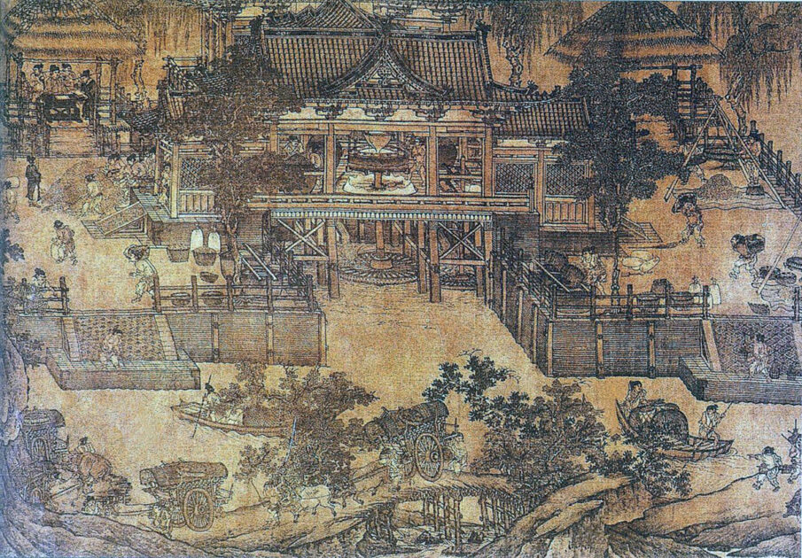 Chinesisches Gemälde einer wasserkraftbetriebenen Getreidemühle mit umliegendem Flußtransport, aus der nördlichen Song-Dynastie (960–1127). Bild: Wikipedia/PericlesofAthens