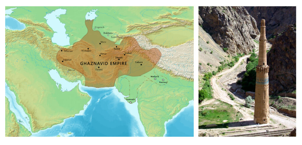 Links: Karte vom Ghaznawidischen Reich. Rechts: Das Minarett von Dschām.
