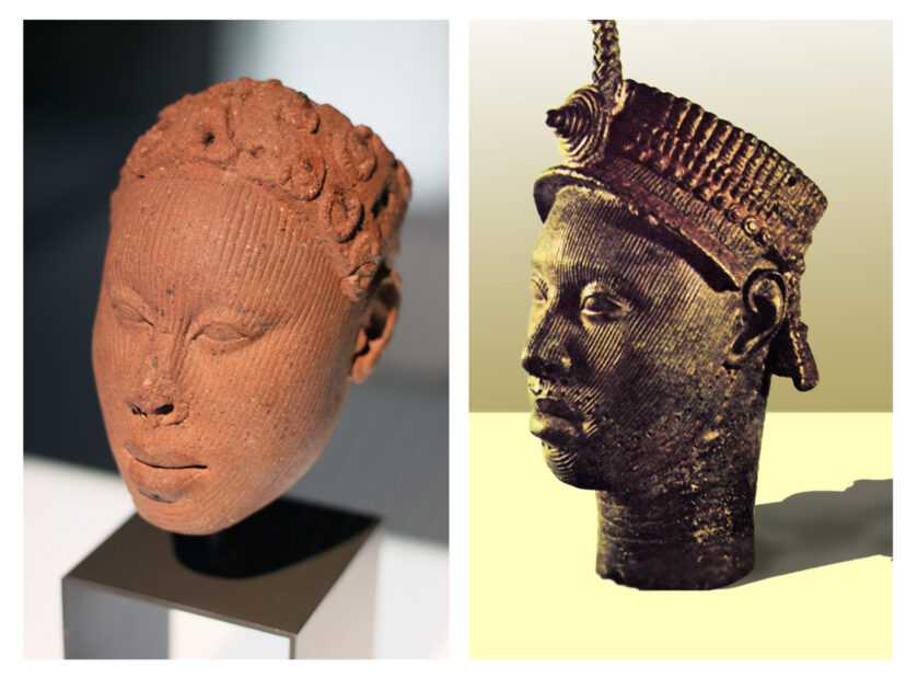 In Ife, Nigeria, ausgegrabene Terrakotta- und Bronzeköpfe (12. bis 14. Jahrhundert). Bild links: Wikipedia/ Daderot