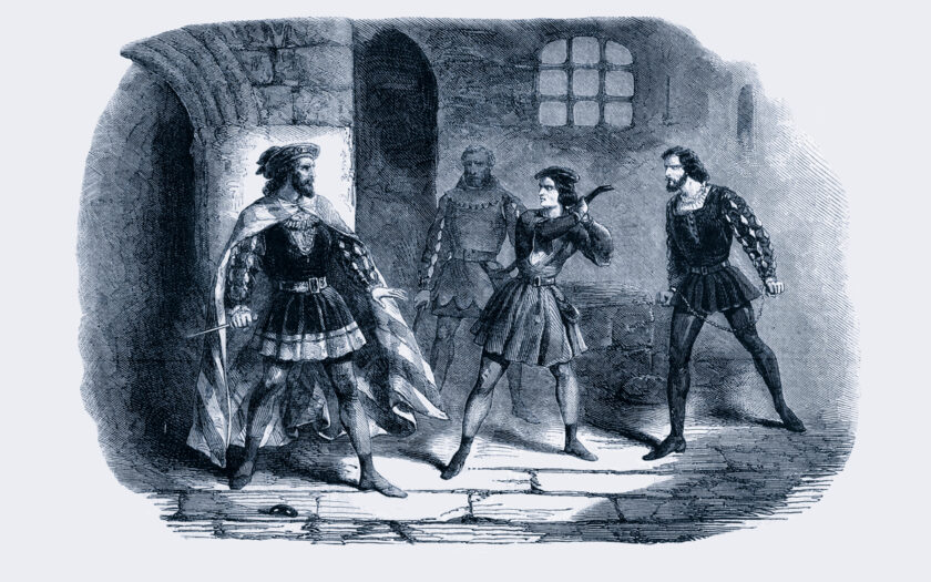 Szene aus Beethovens Oper Fidelio: Leonore schützt ihren Gatten Florestan vor dessen Mörder Don Pizarro.