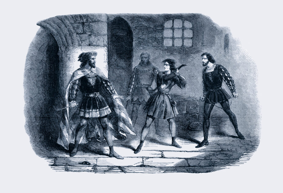 Szene aus Beethovens Oper Fidelio: Leonore schützt ihren Gatten Florestan vor dessen Mörder Don Pizarro.