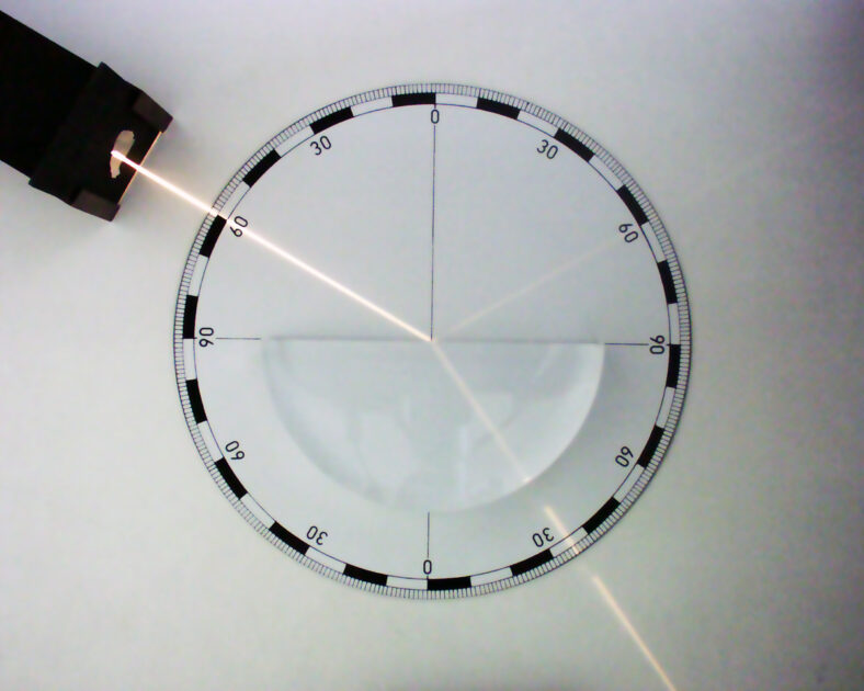 Brechung (unterer Lichtstrahl) und Reflexion (oberer Lichtstrahl) eines Lichtstrahls demonstriert an einem Plexiglas-Halbkreiskörper. Bild: Wikiwand