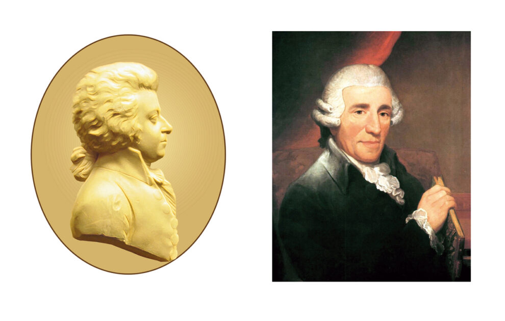 Links Wolfgang Amadeus Mozart (1756–1791), rechts Josef Haydn (1732–1809)