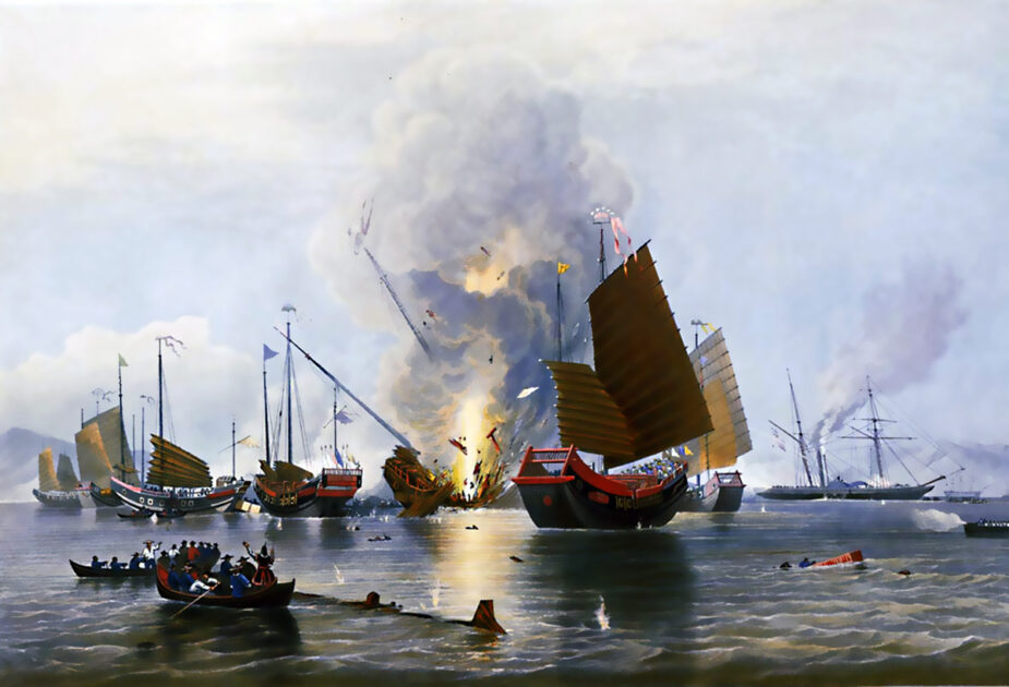 Opiumkrieg: Die Raddampferfregatte der Britischen Ostindiengesellschaft Nemesis (rechts) beschießt chinesische Dschunken in Anson's Bay, 7. Januar 1841.