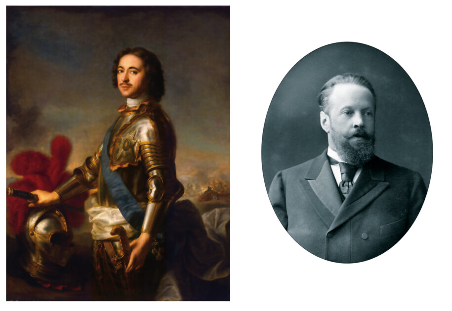 Links Peter der Große (Ölgemälde von Jean-Marc Nattier, 1717) rechts Sergej Witte (Portraitfoto, 1880).