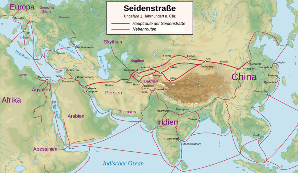 Karte der alten Seidenstraße. Bild: Wikipedia/Furfur